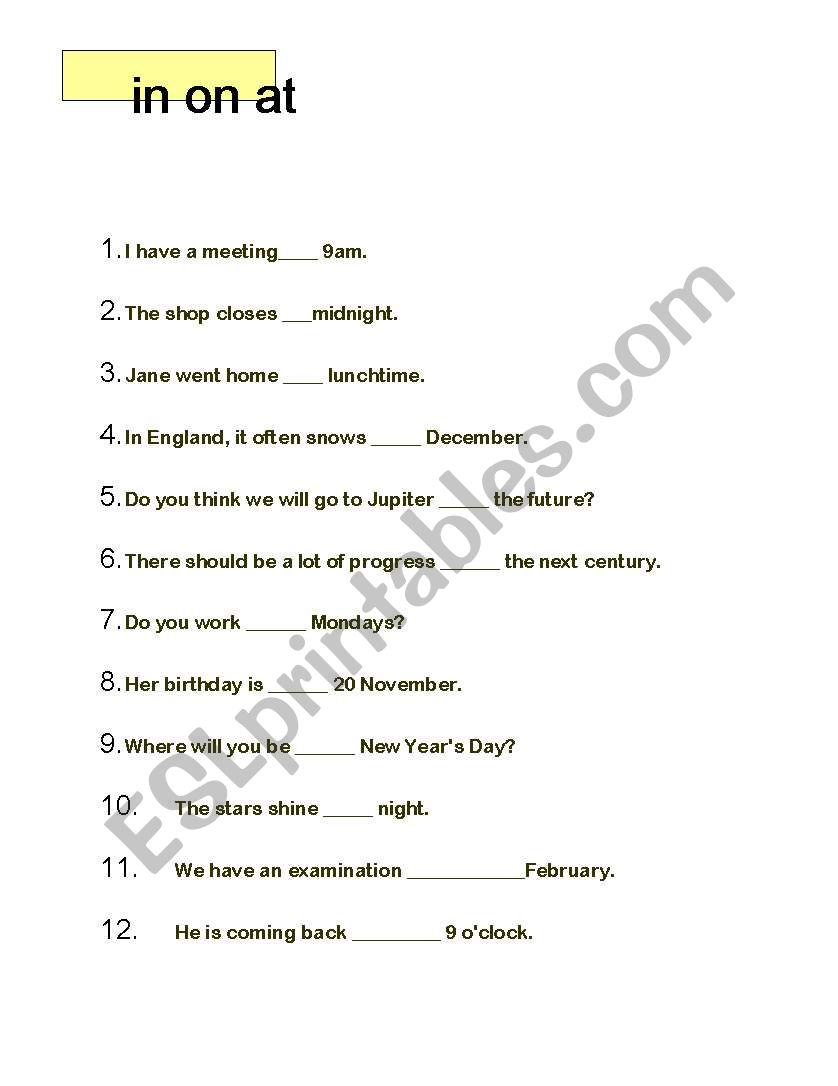 Preposition worksheet