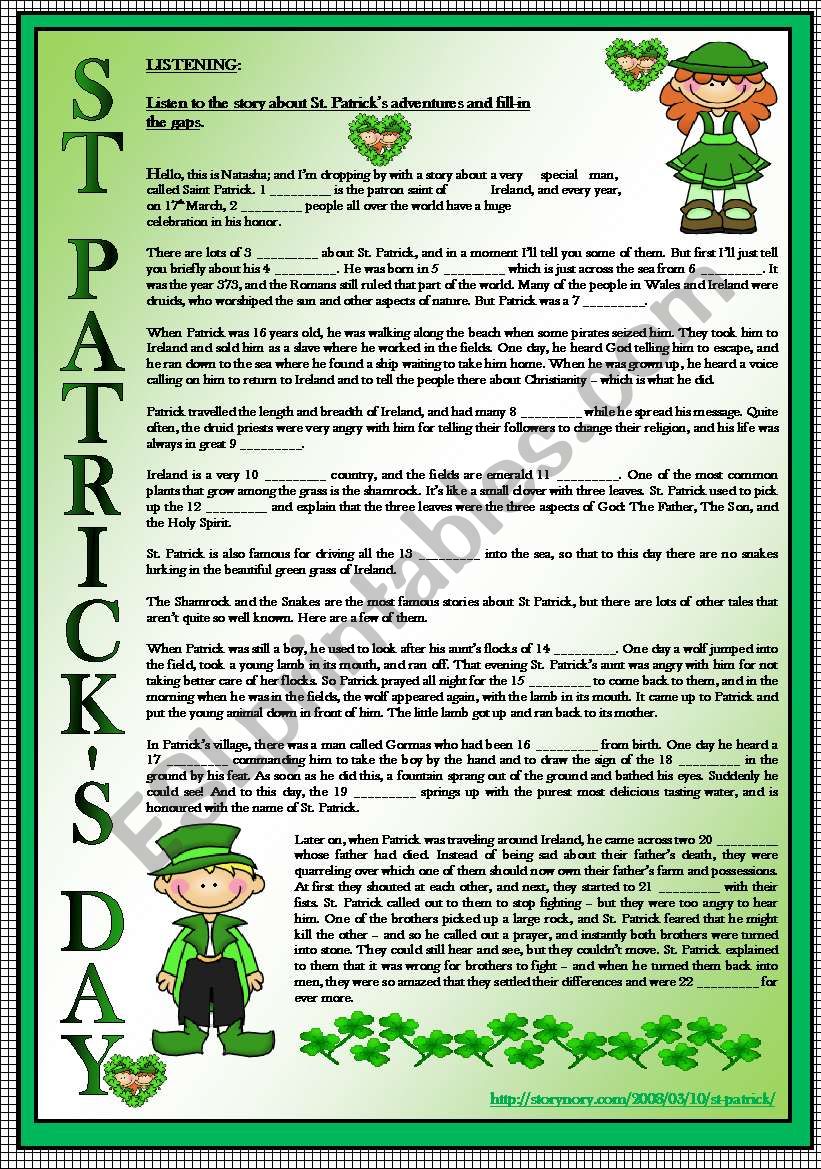 ST. PATRICKS DAY. 3 PAGES. 4 SKILLS (READING, WRITING, LISTENING, SPEAKING-ROLE PLAY) FULLY EDITABLE, KEY INCLUDED)