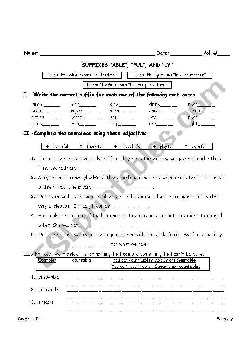 Suffixes ABLE, FUL and LY worksheet