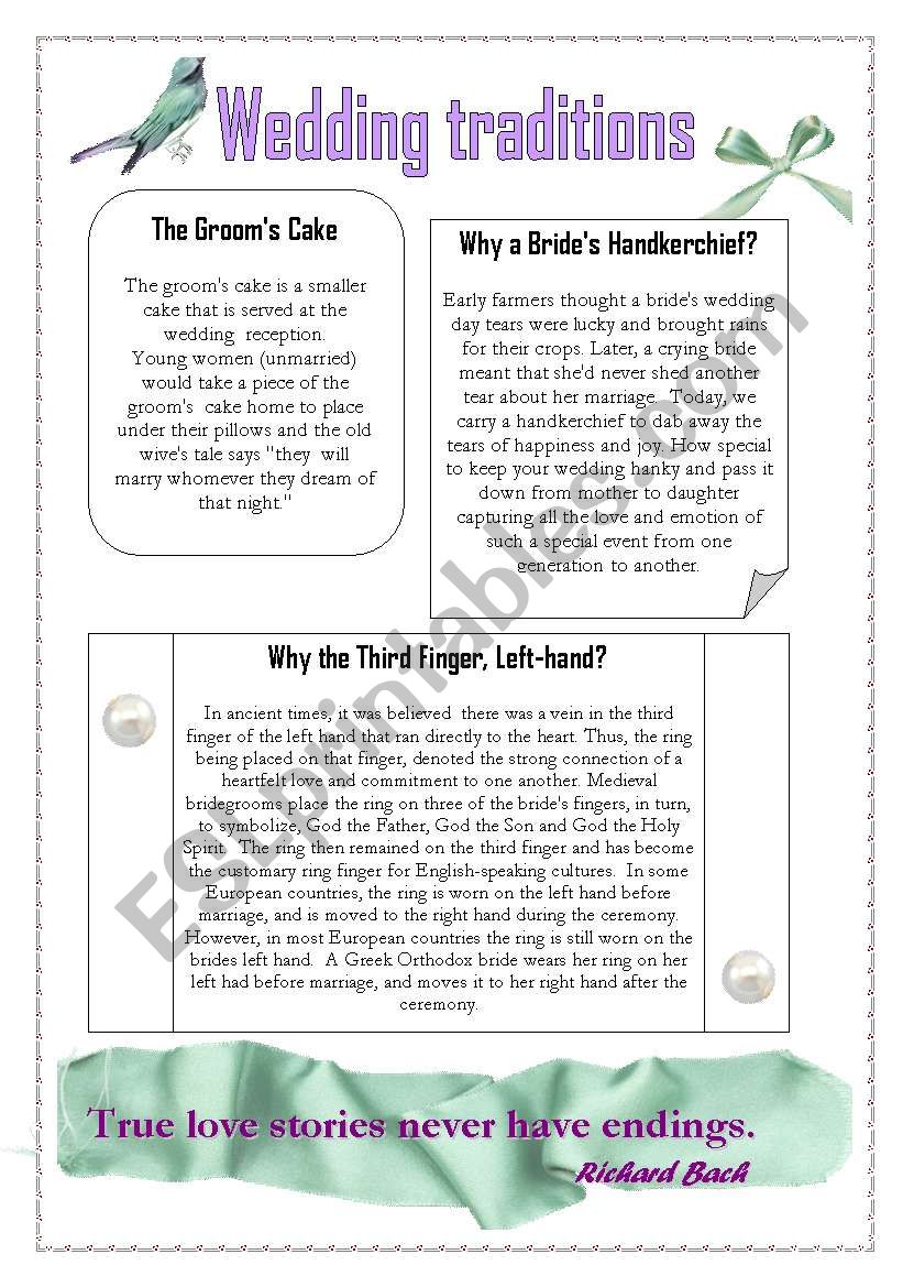 Wedding traditions 3 worksheet