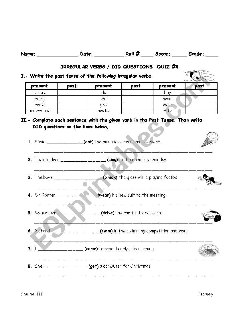 Quiz for Irregular Verbs worksheet