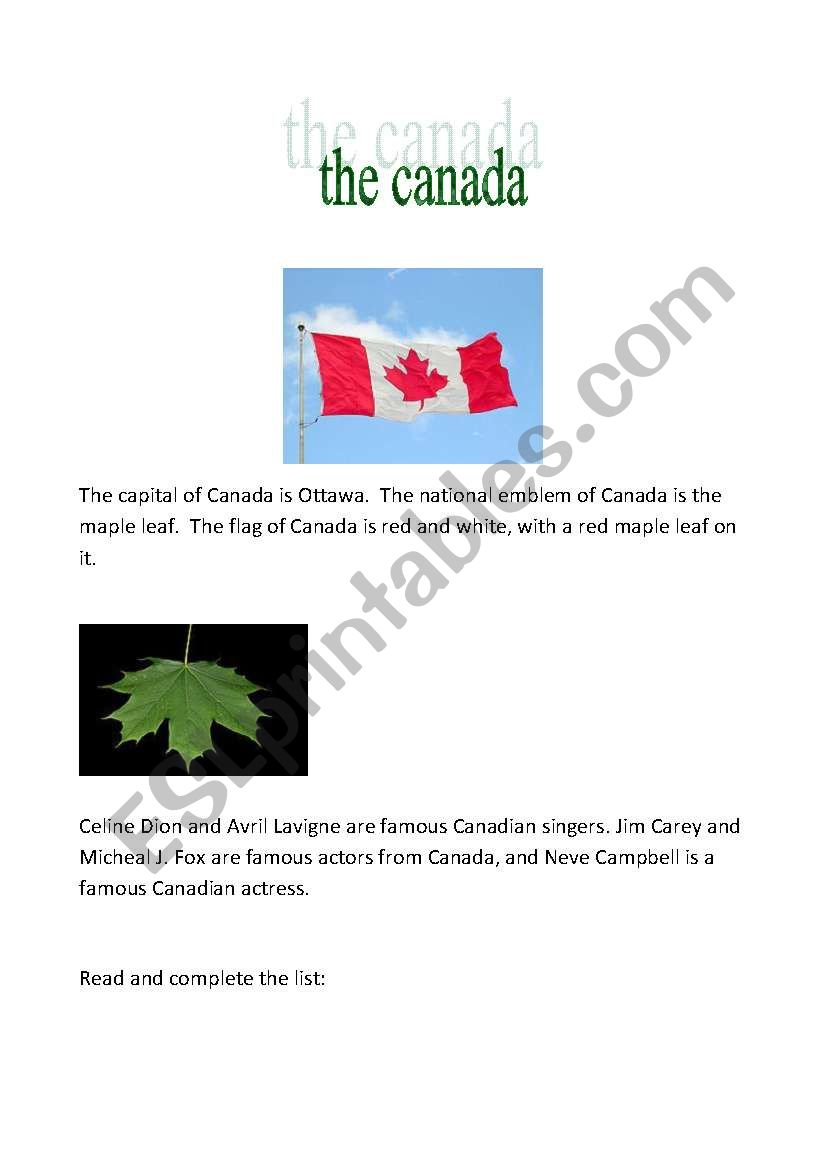 the canada worksheet