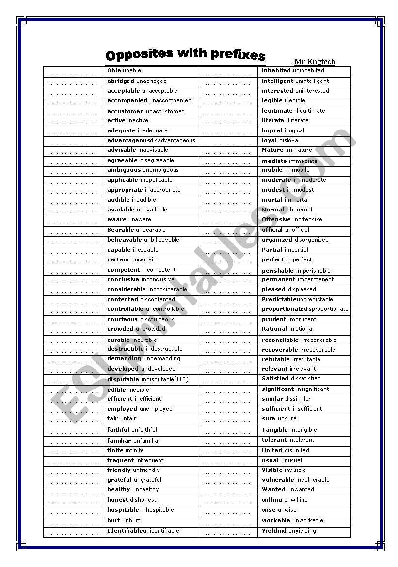 Antonyms by prefixes worksheet