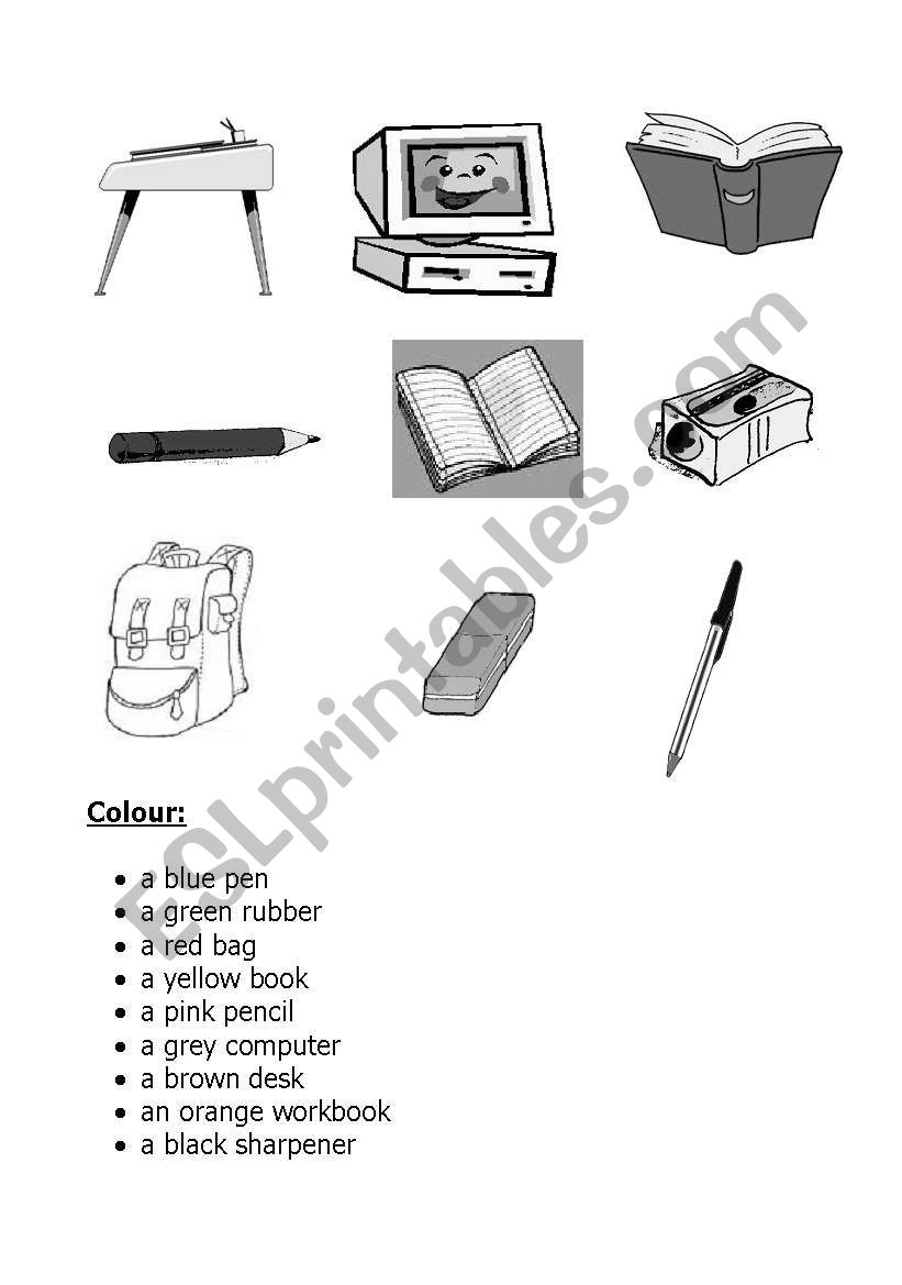 colour the school objets worksheet