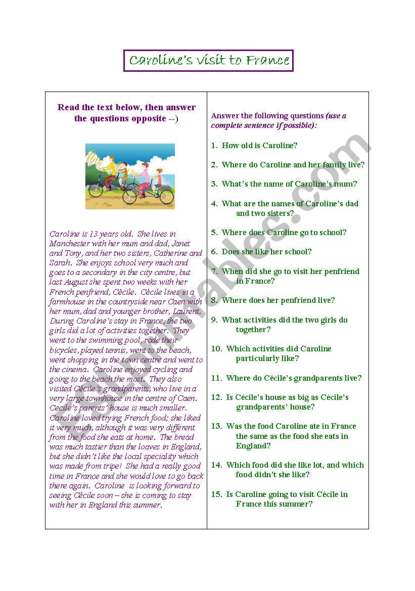 Carolines visit to France worksheet