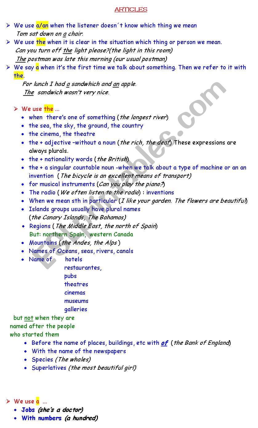 Articles worksheet