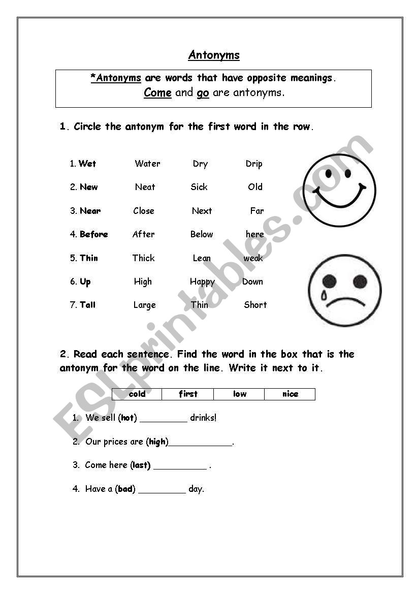 Antonyms worksheet