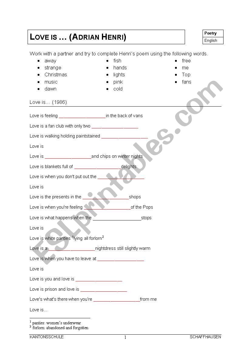 Love is ... (Adrian Henri) worksheet