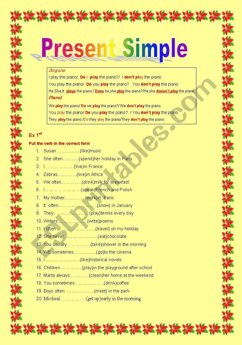 Present Simple     theory and exercises    full two pages 