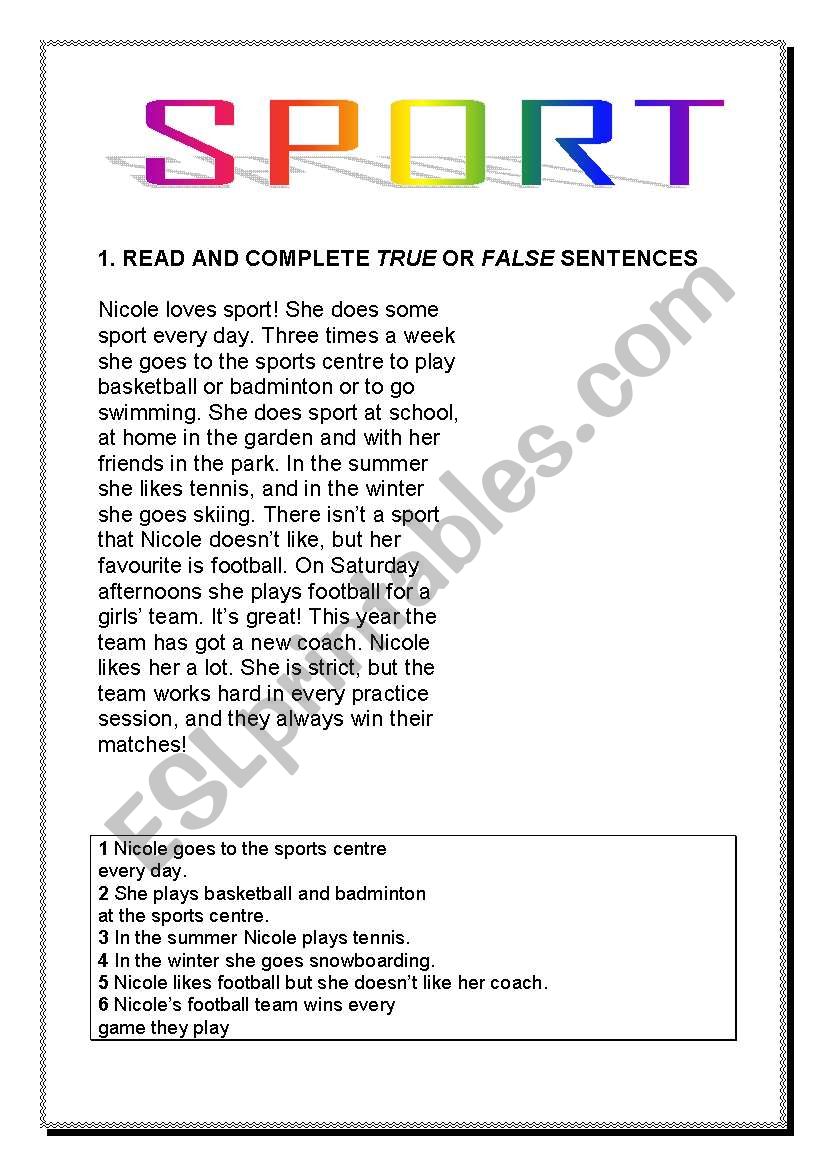 SPORT READING COMPREHENSION worksheet