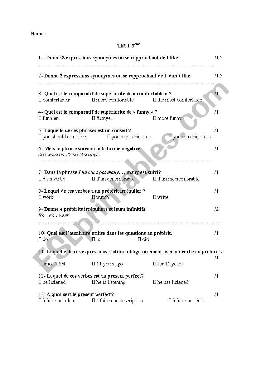 diagnostic test worksheet