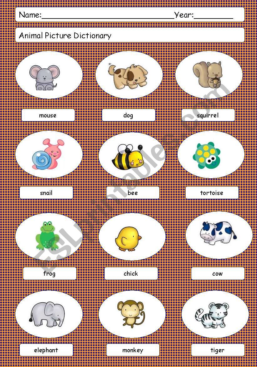 Animal picture dictionary worksheet