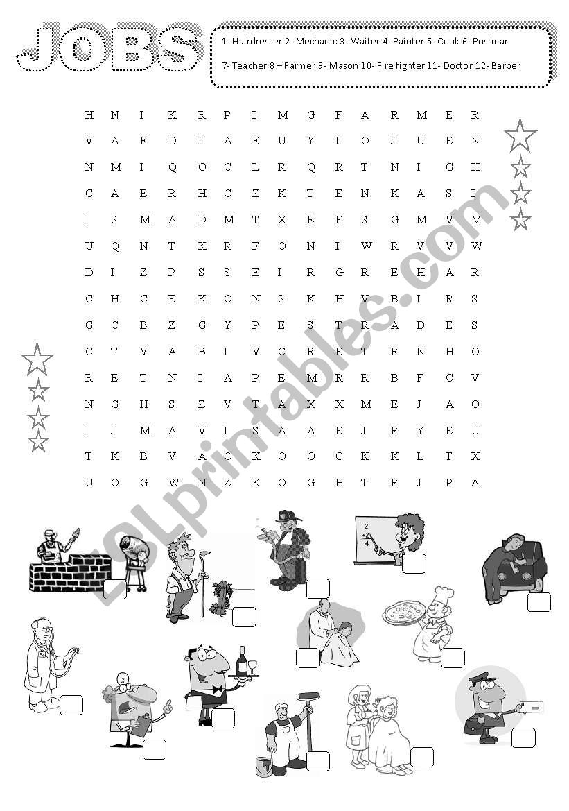 Jobs word search worksheet