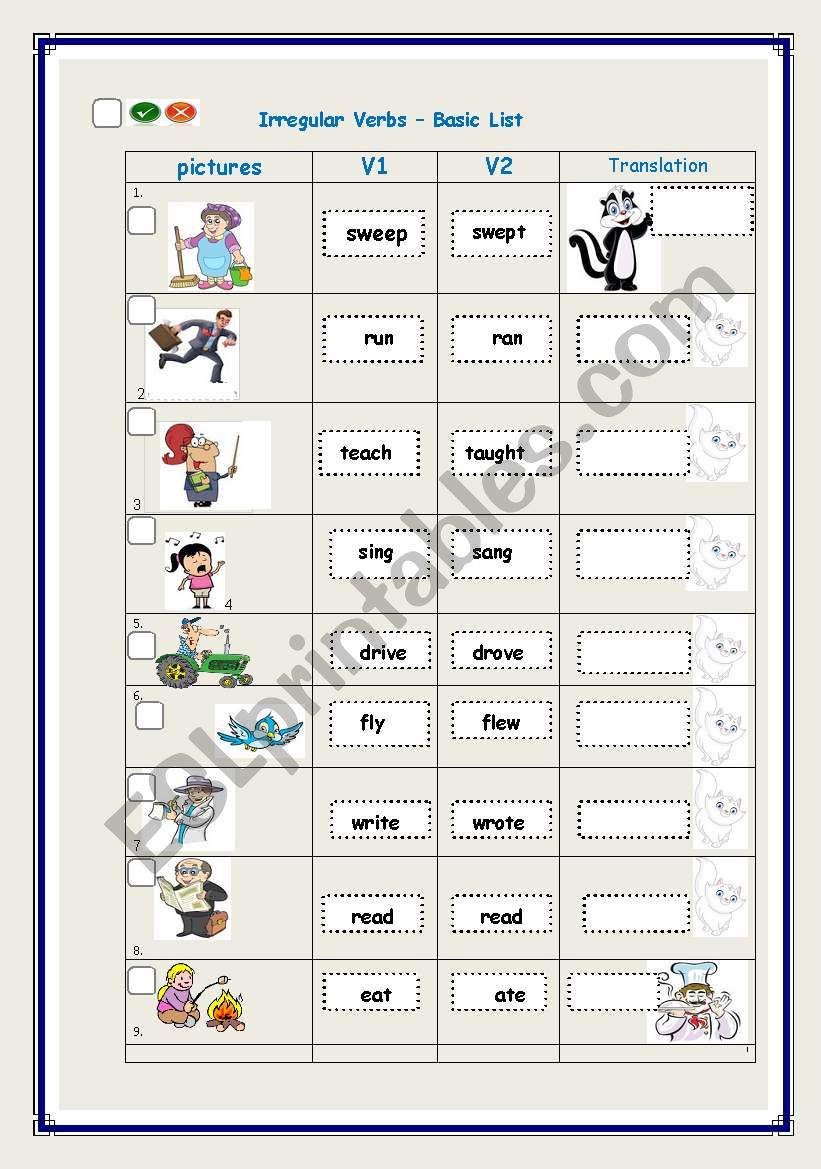 Irregular verbs-Basic List worksheet