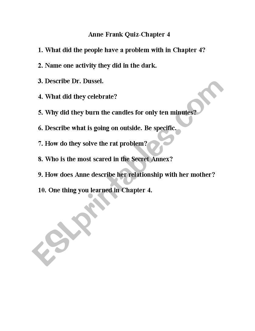 Anne Frank Quiz-Chapter 4 worksheet