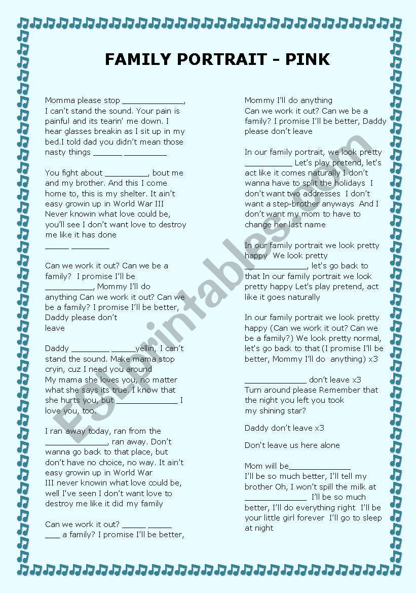 Family Portrait song by P!nk worksheet