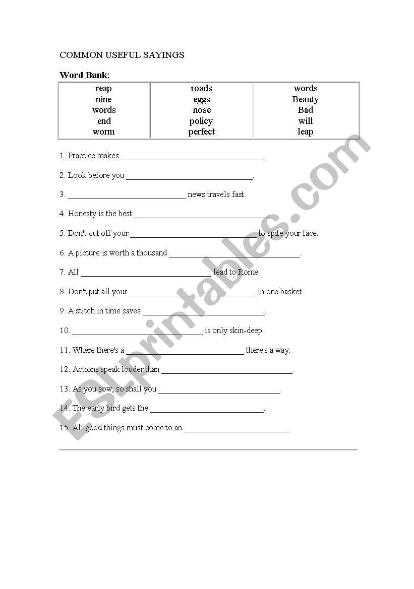 USEFUL SAYINGS worksheet