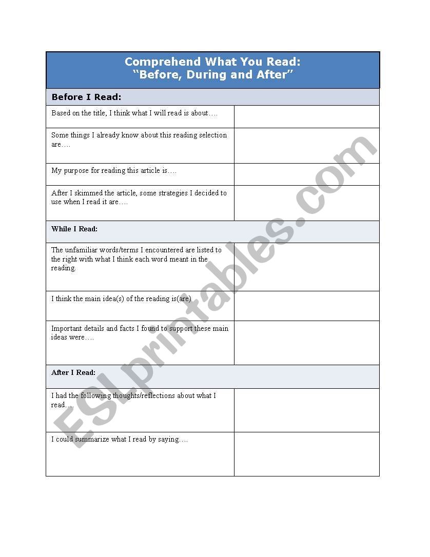 Reading to Comprehend: Before, During and After You Read