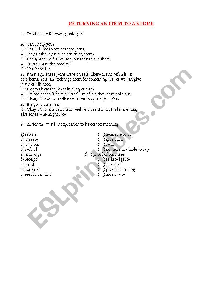 Dialogue when returning an item to a store + vocabulary matching exercise