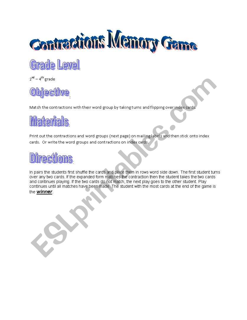 Contractions Memory Game worksheet