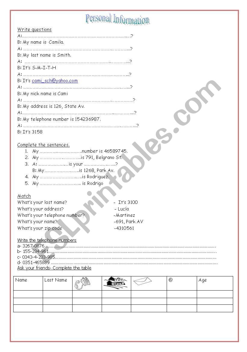 Personal Information worksheet