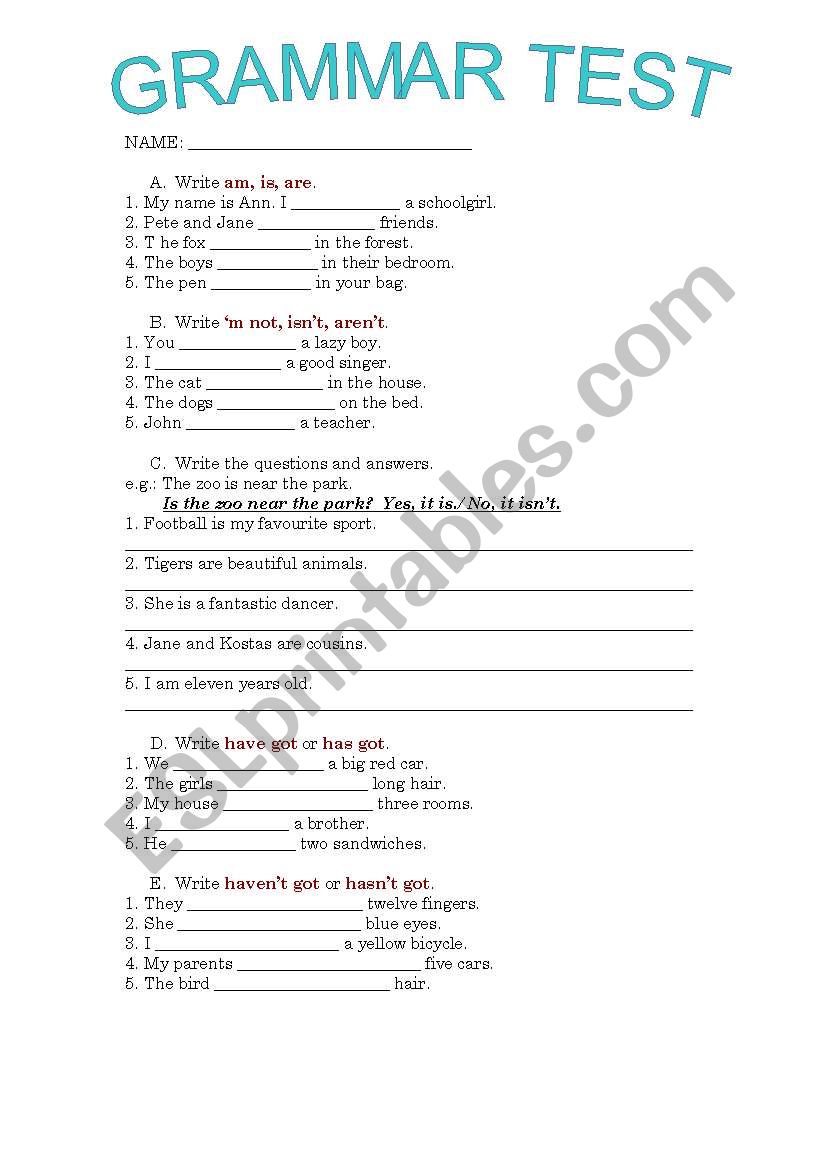 JUNIOR GRAMMAR TEST worksheet