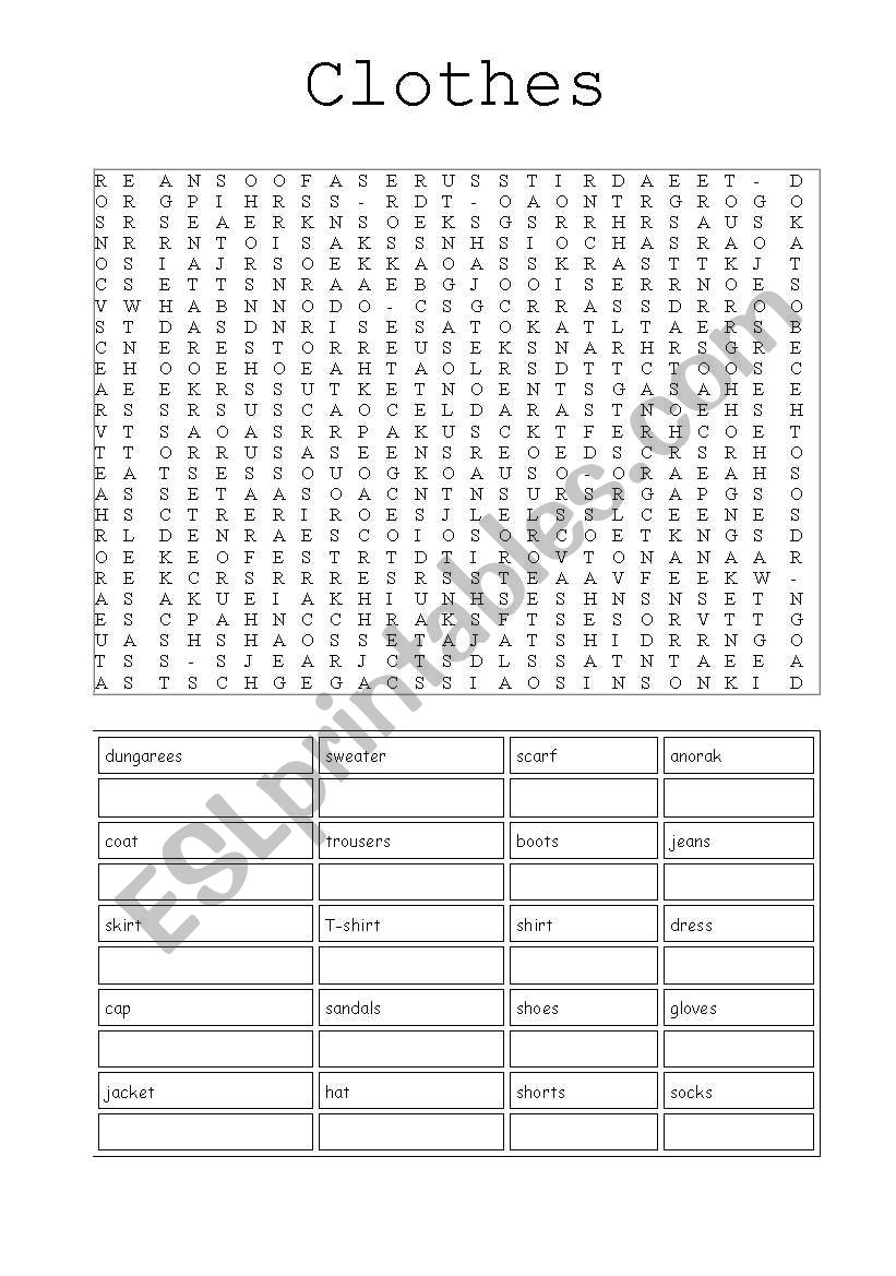 clothes wordsearch worksheet