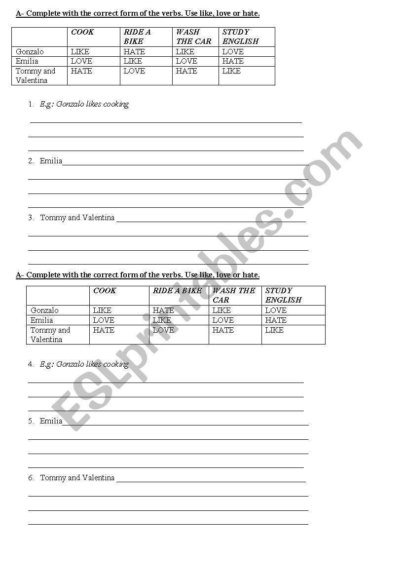 verbs like, hate, love + ing worksheet