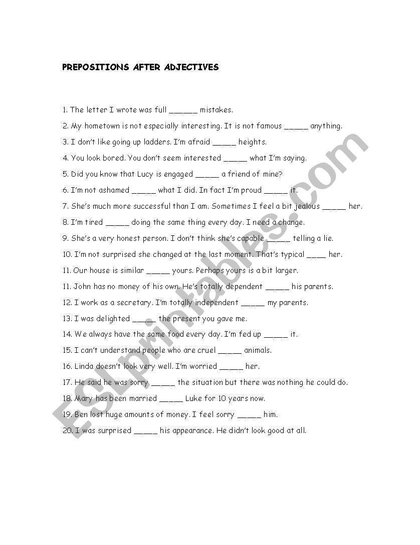 Prepositions after adjectives worksheet