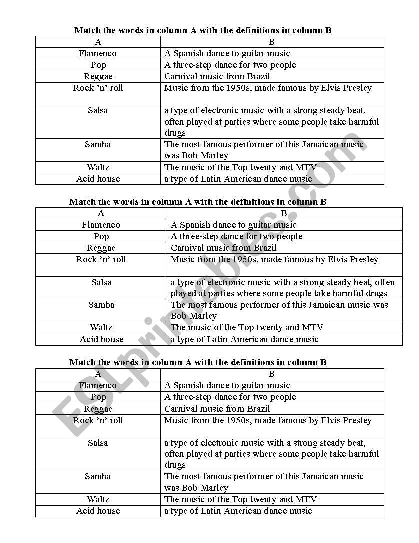 music- matching definitions worksheet