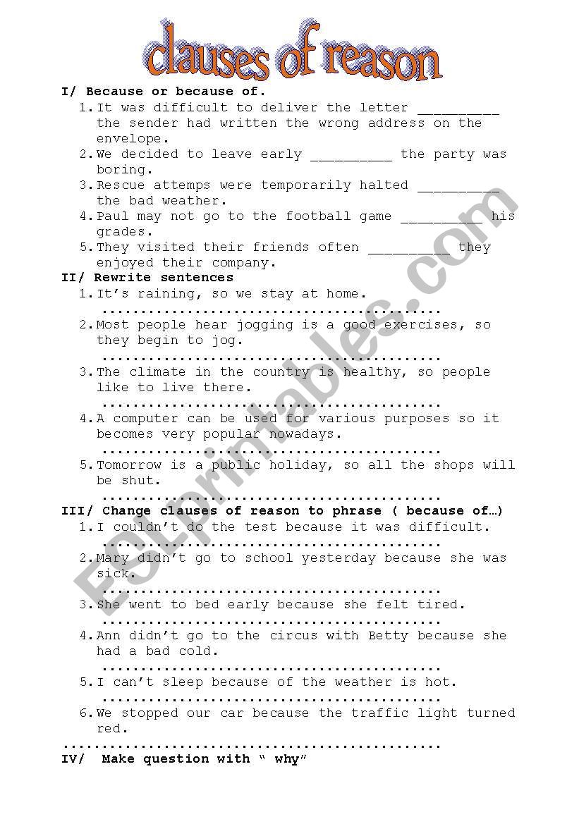 Clauses of reason worksheet