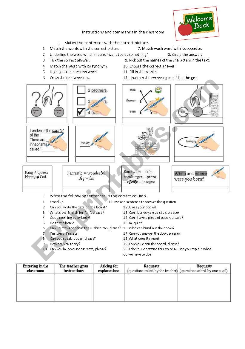 Commands in the classroom worksheet