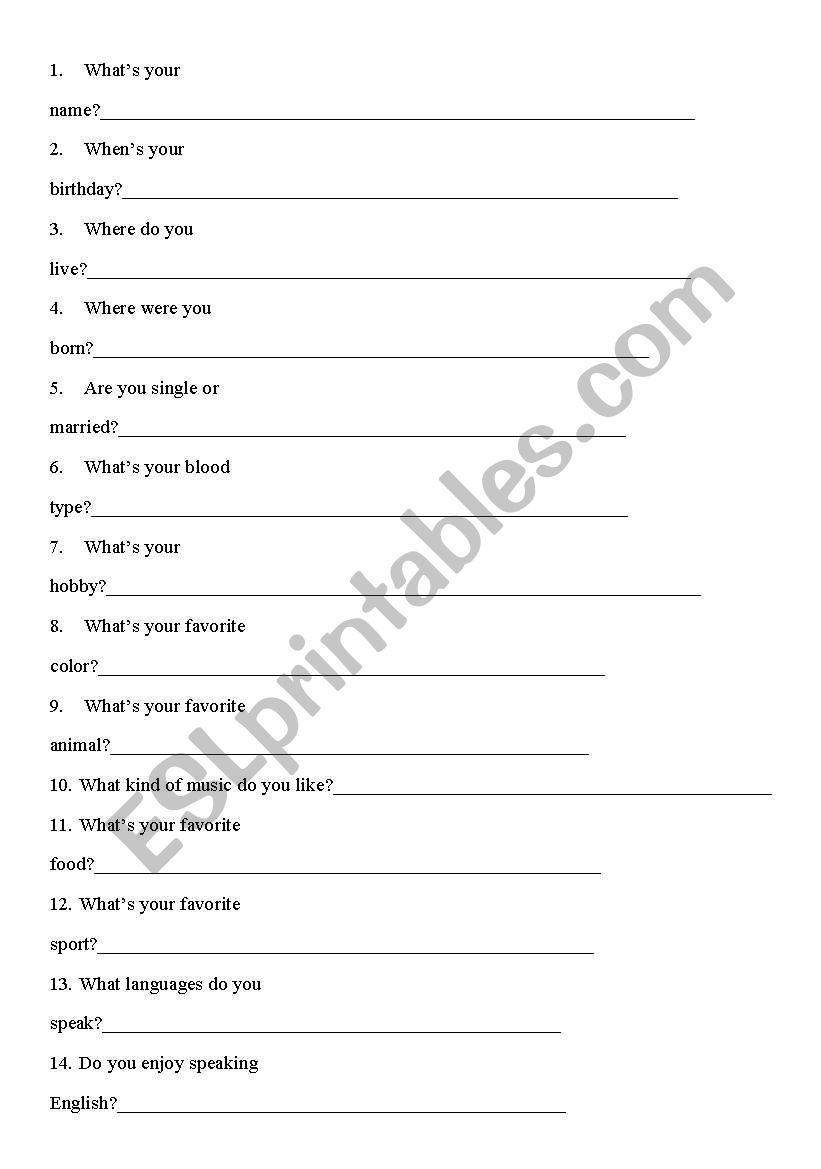 English worksheets: First Class Questionaire
