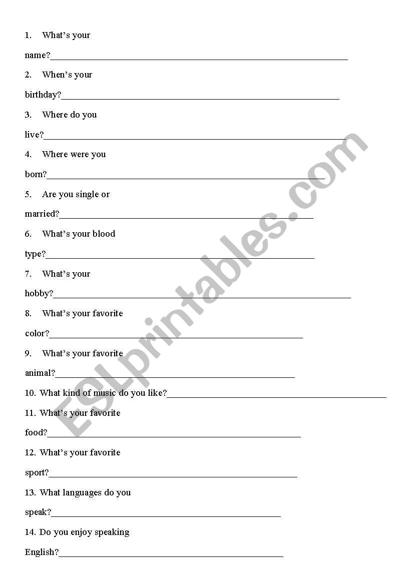 First Class Questionaire worksheet