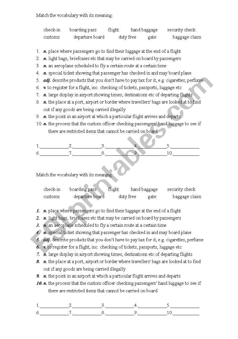 At the airport worksheet