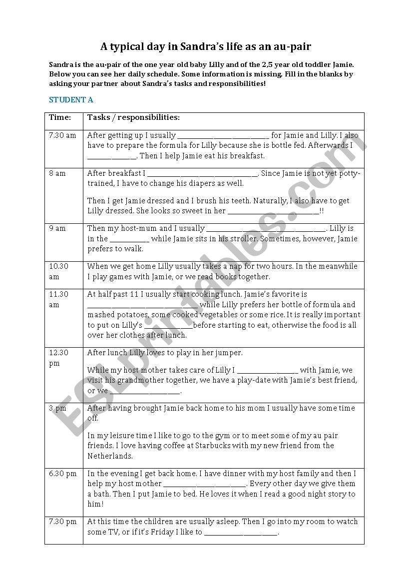 Information Gap Activity - A typical day in Sandras life as an au pair