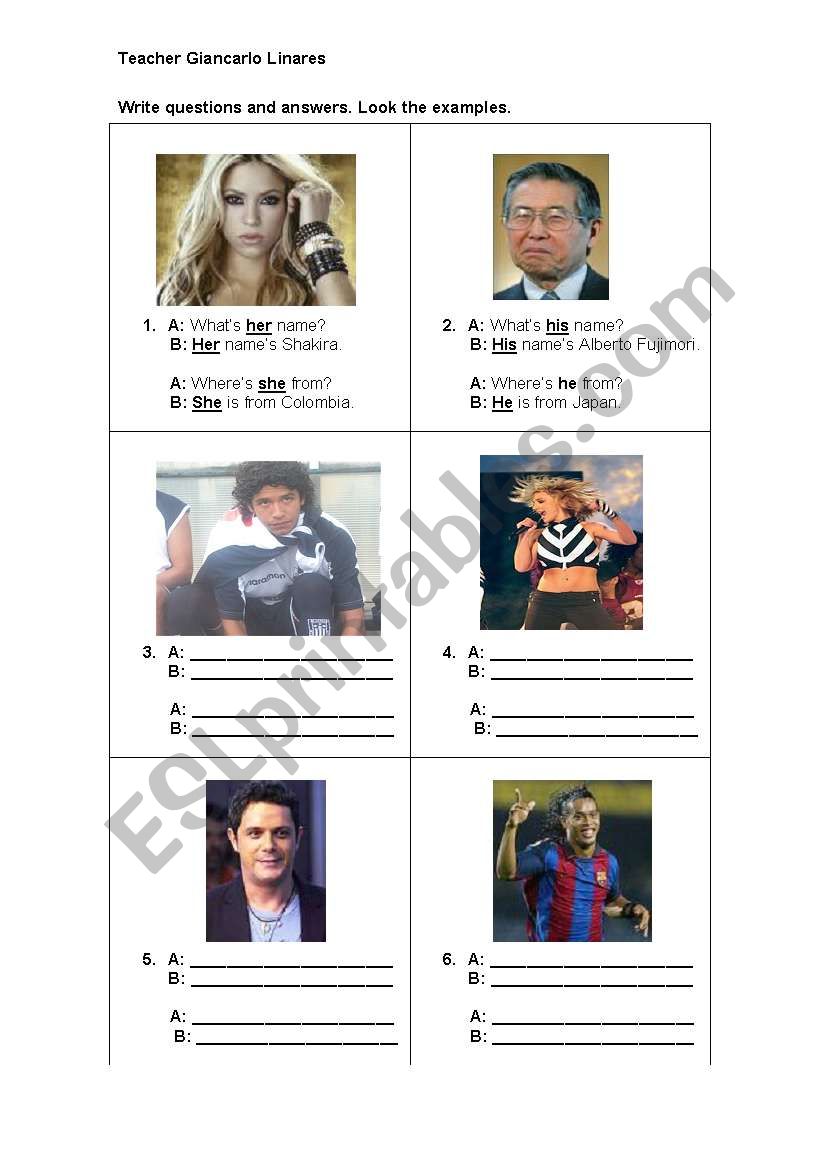 USE OF HE AND SHE worksheet