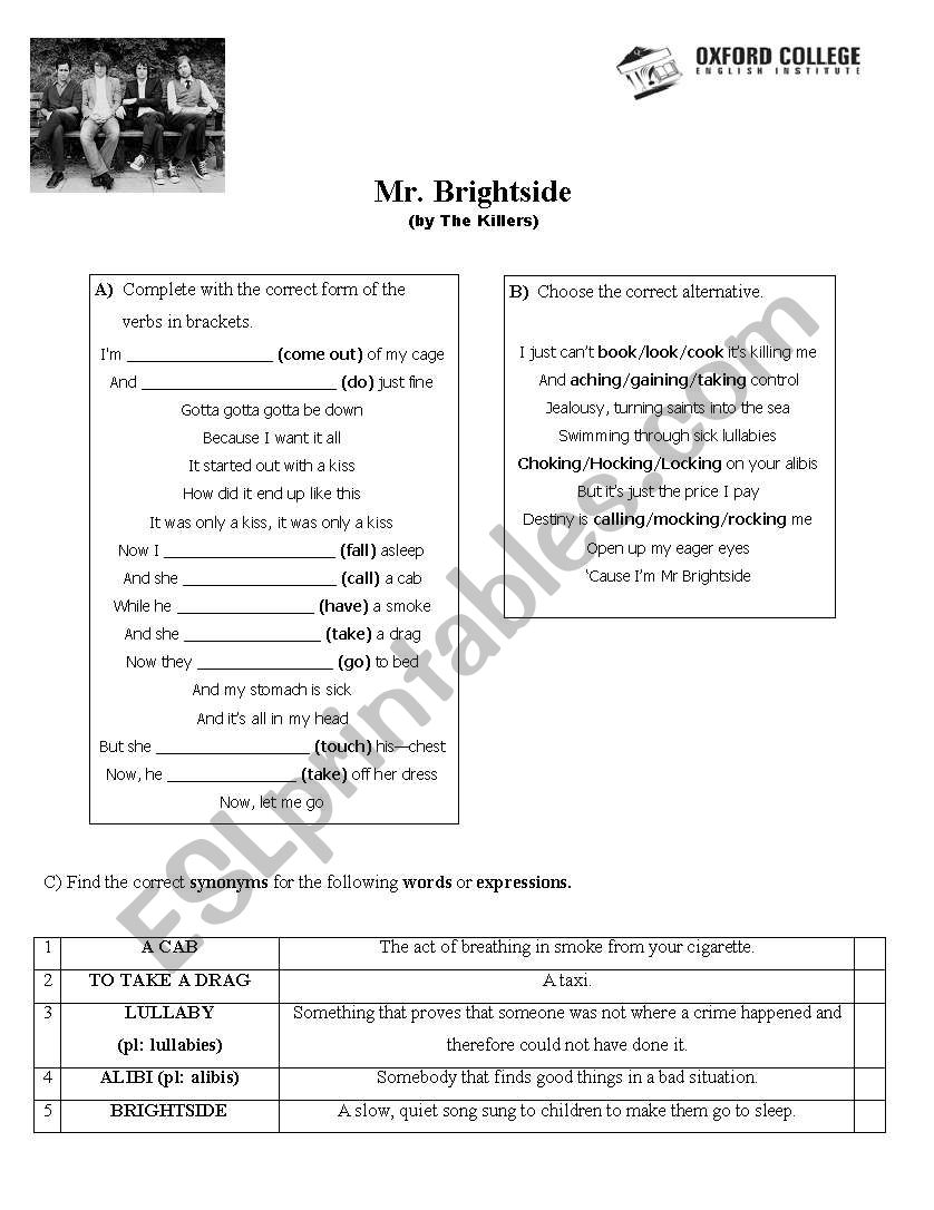The Killers song worksheet