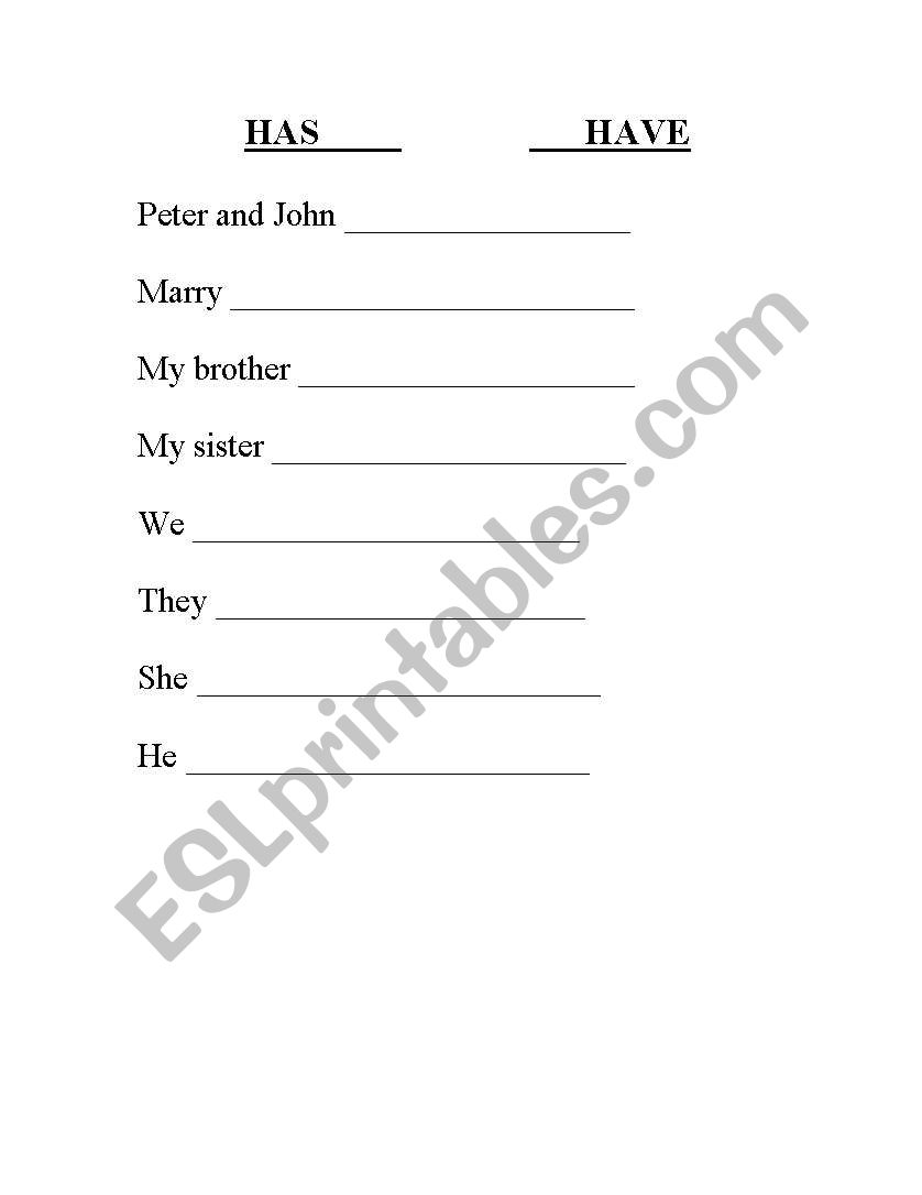 Have or has worksheet