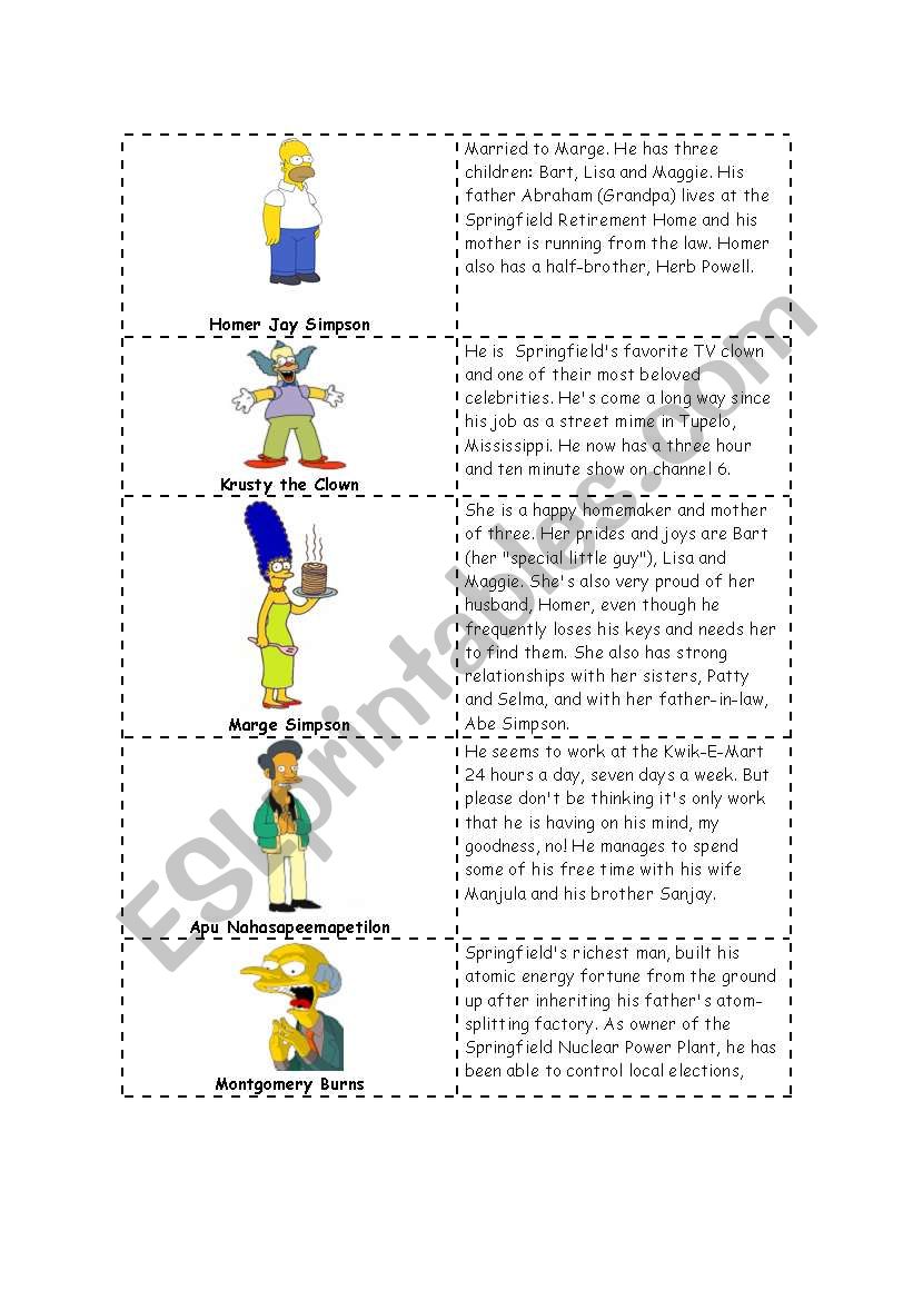 Simpsons Cards worksheet