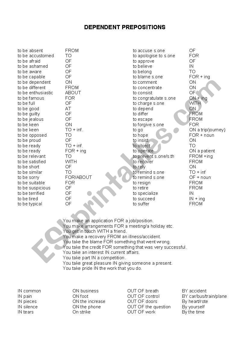 Dependent Prepositions worksheet