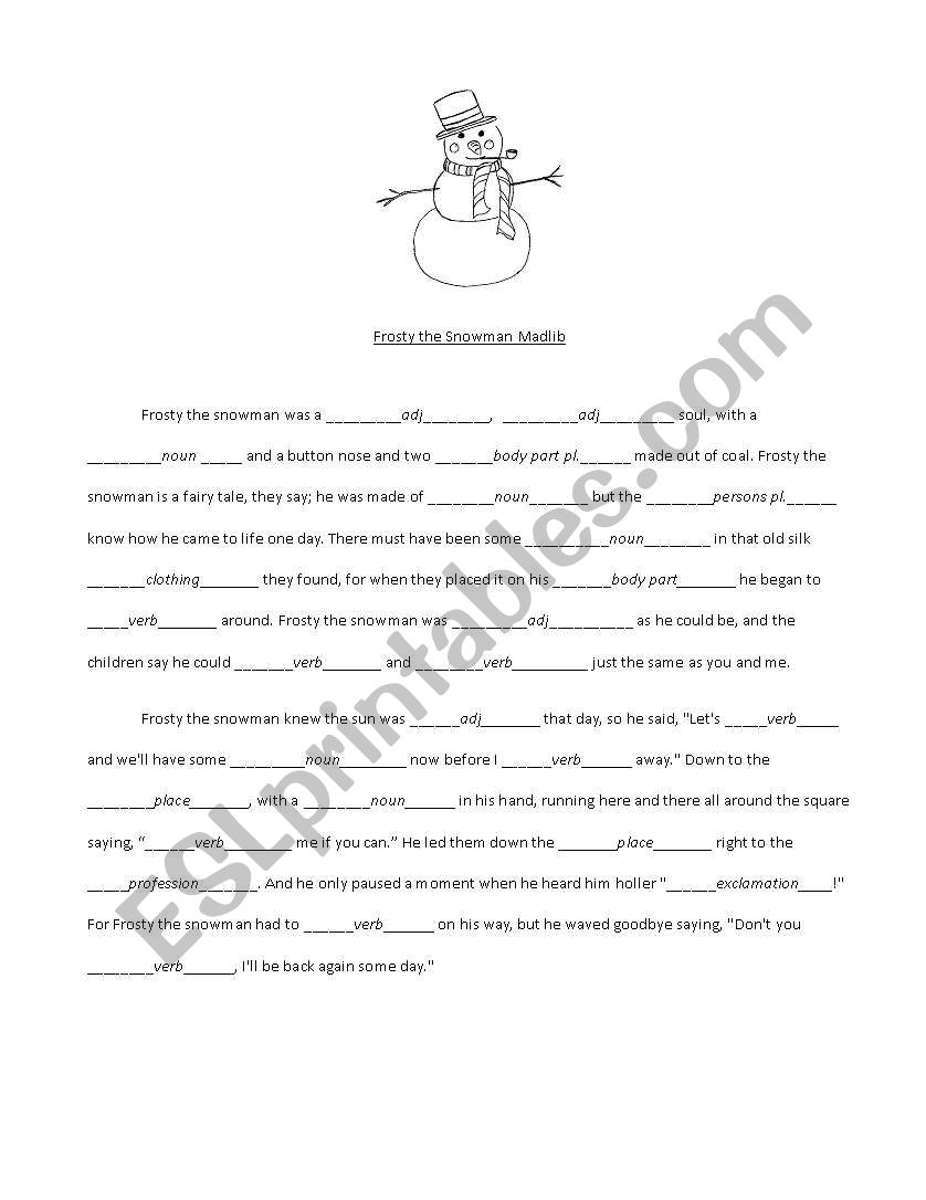 Frosty the Snowman madlib worksheet