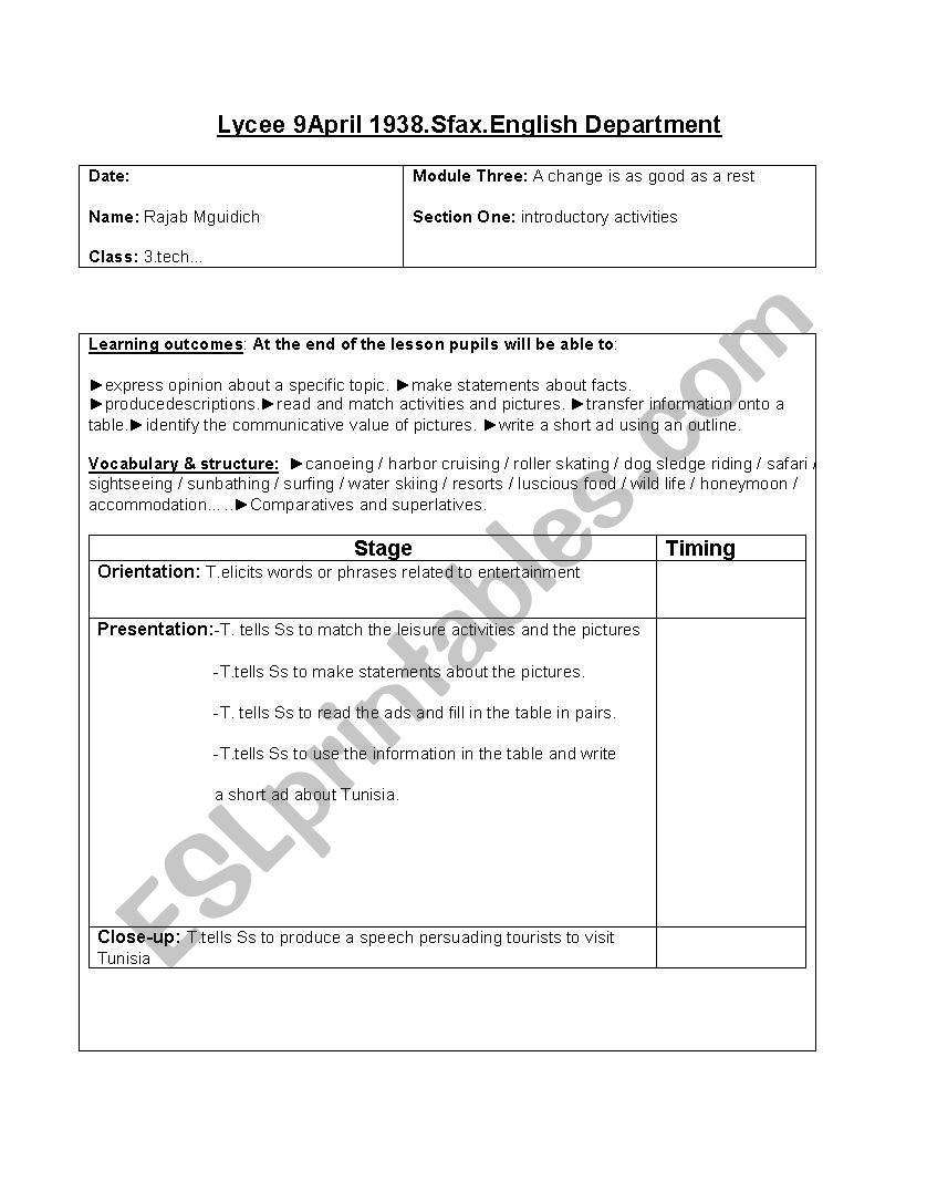 lesson plan. Tunisian curriculum. secondary 3