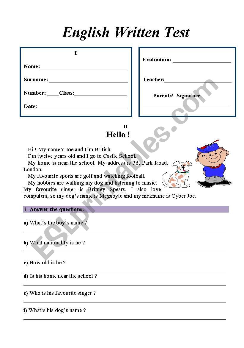 elementary test worksheet