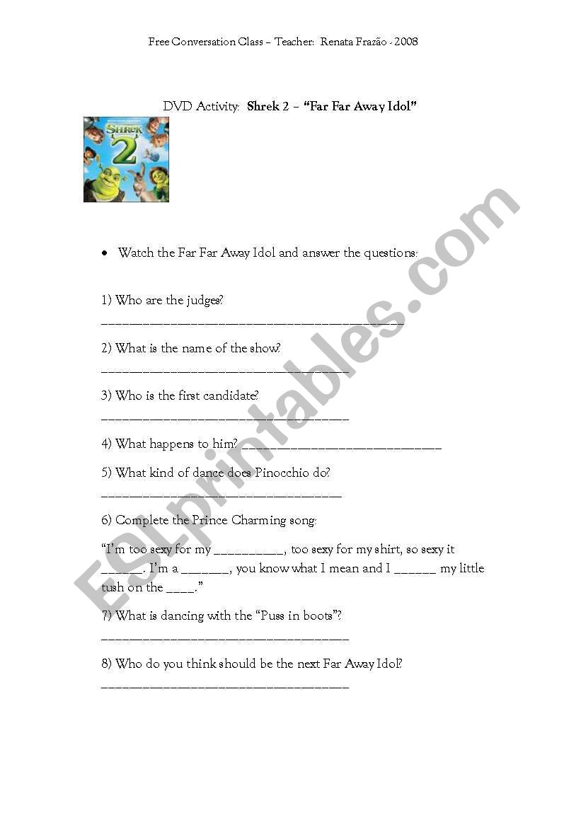 Shrek 2 Far Far Away Idol Esl Worksheet By Renatafrazao