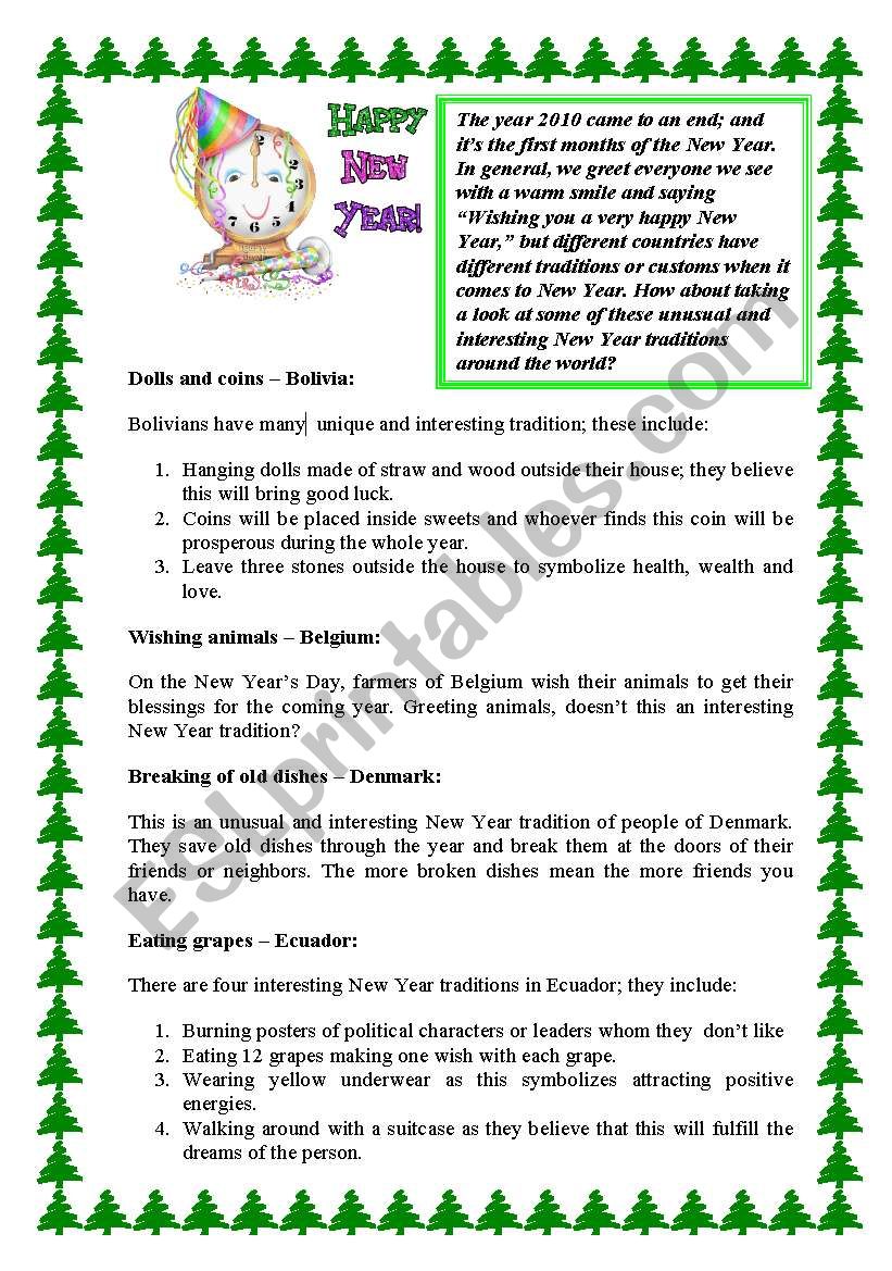 New Years traditions worksheet