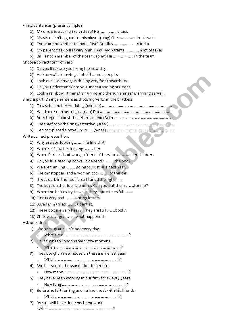 various grammar exercises worksheet