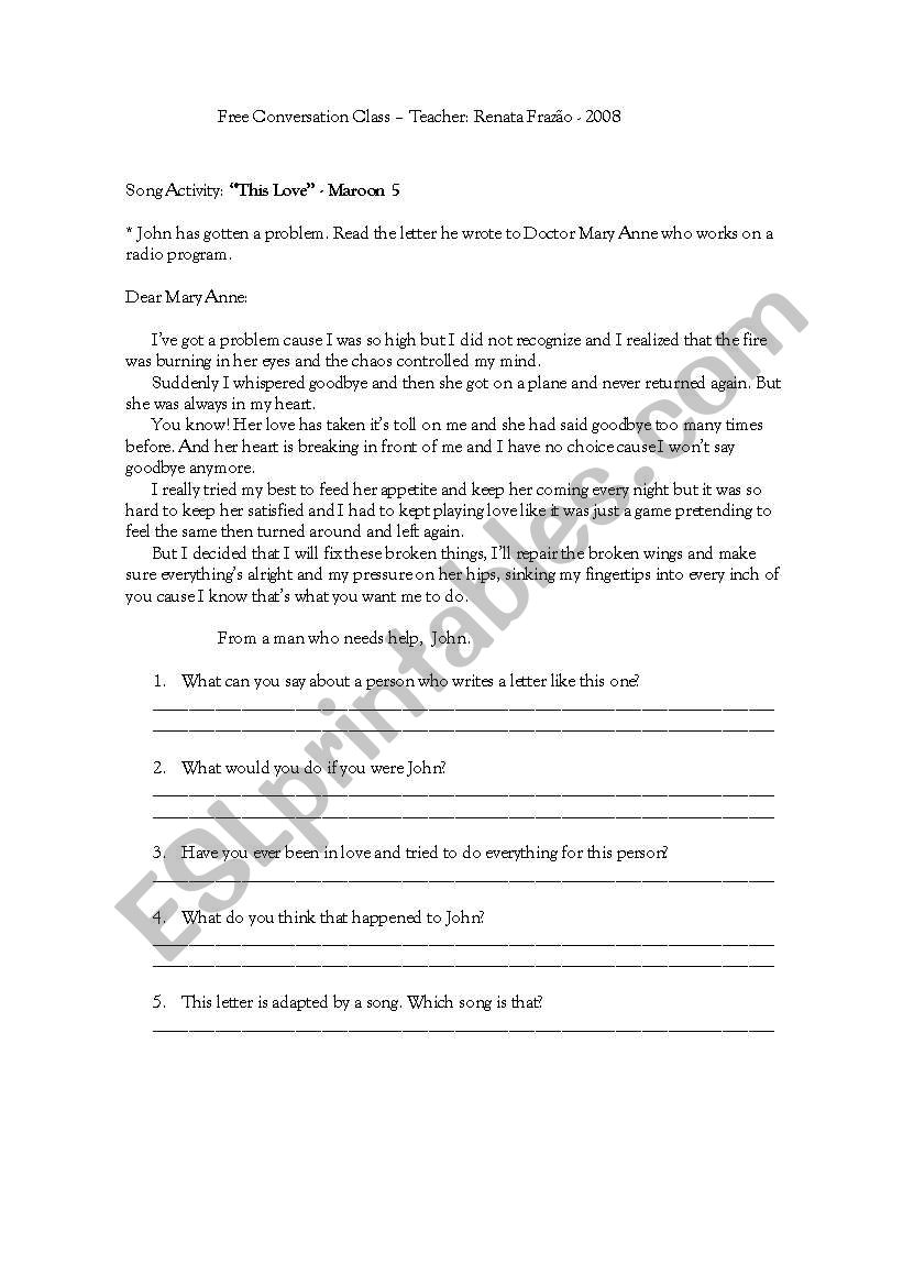 Song: This love - Maroon 5 worksheet