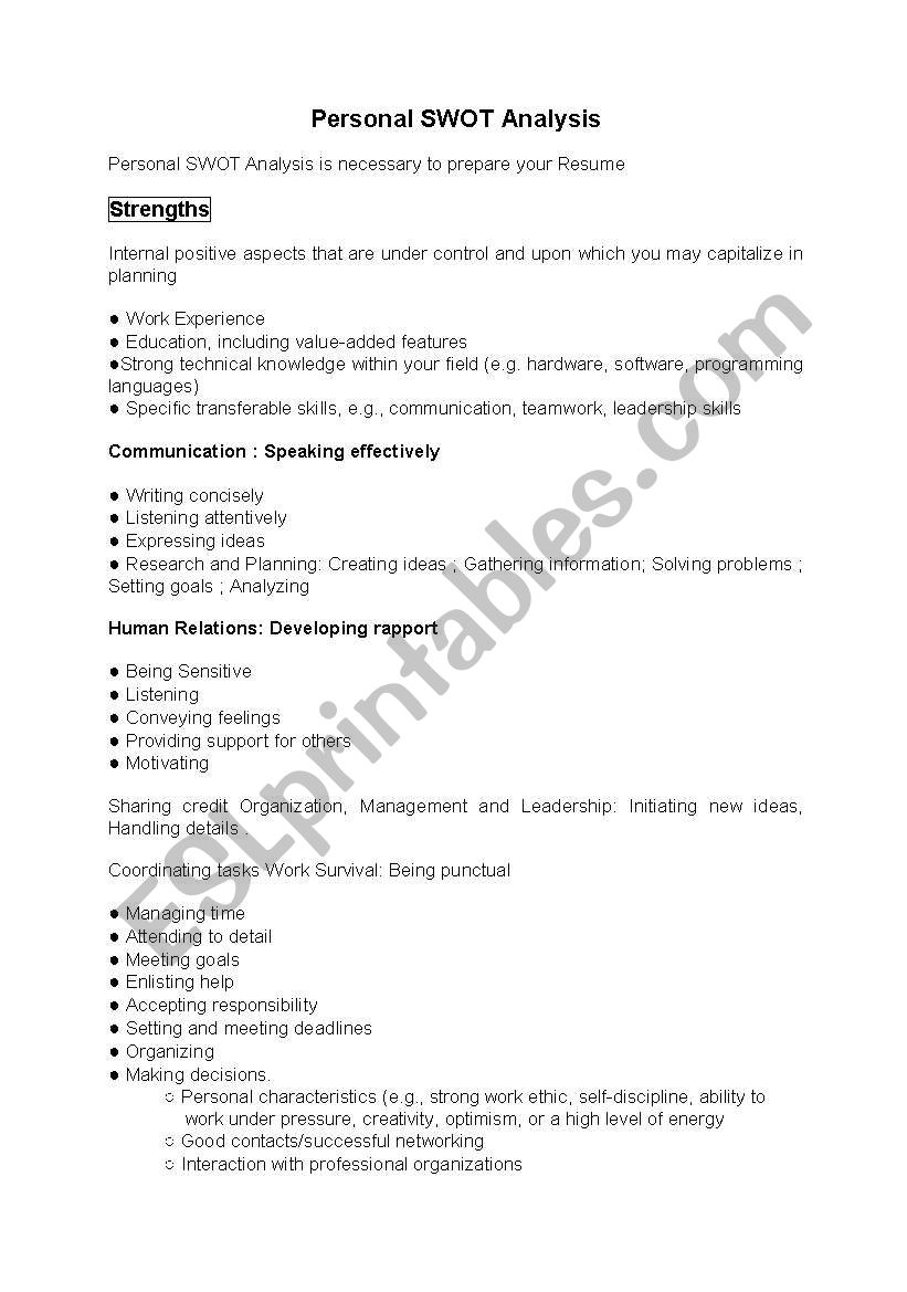 Personal Swot Analysis worksheet