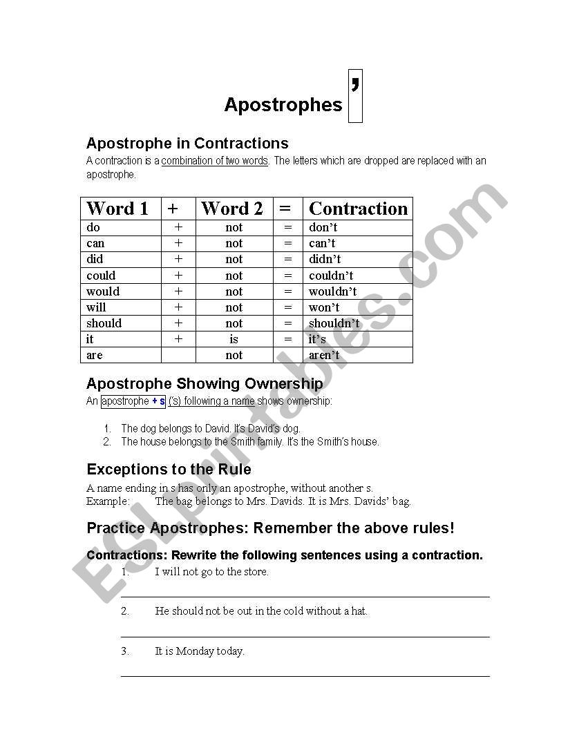 Apostrophes worksheet
